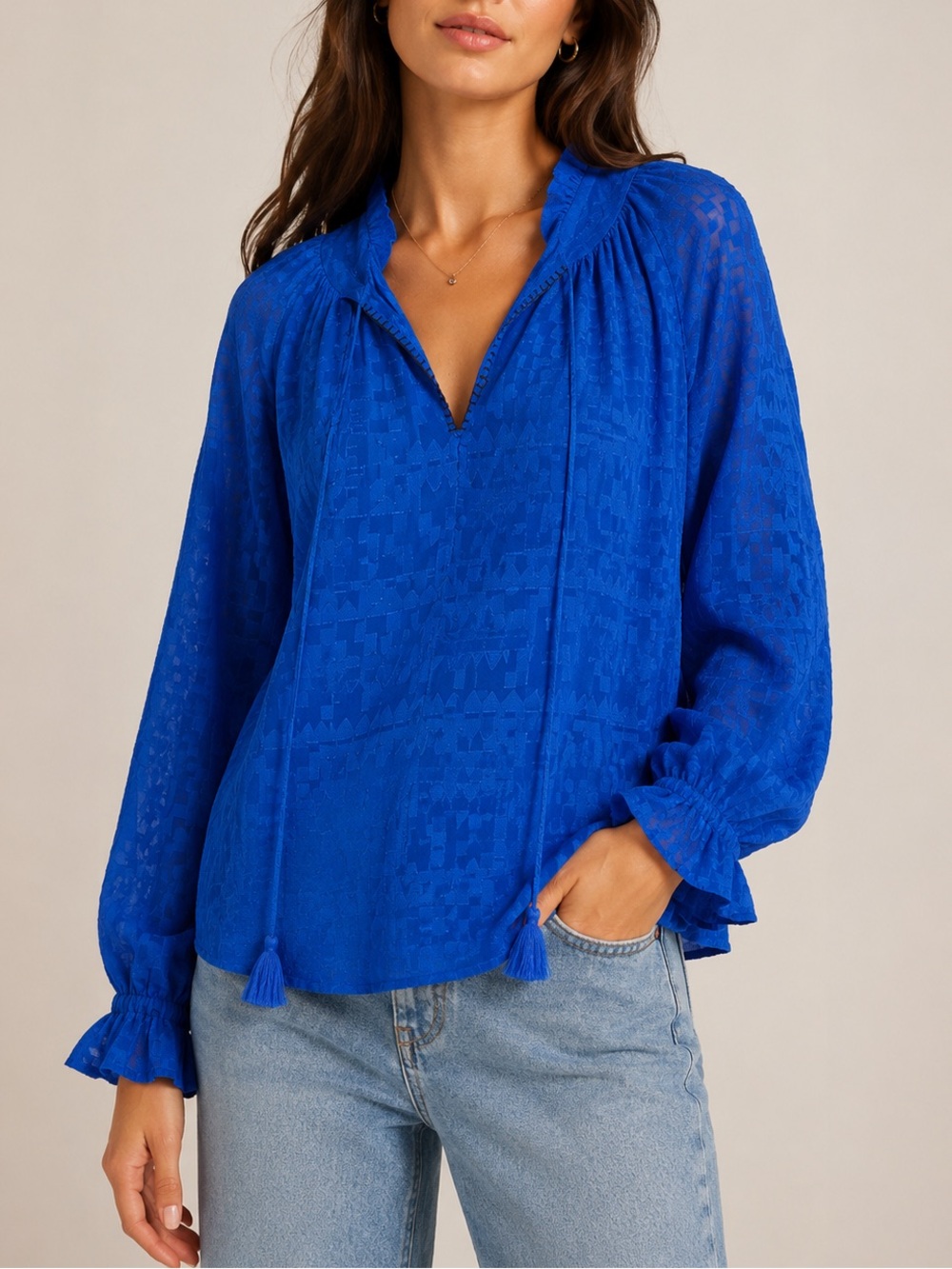 SALONI 100% Silk Oversized Blouse Size 2 Cobalt Blue Tassels Luxury Summer